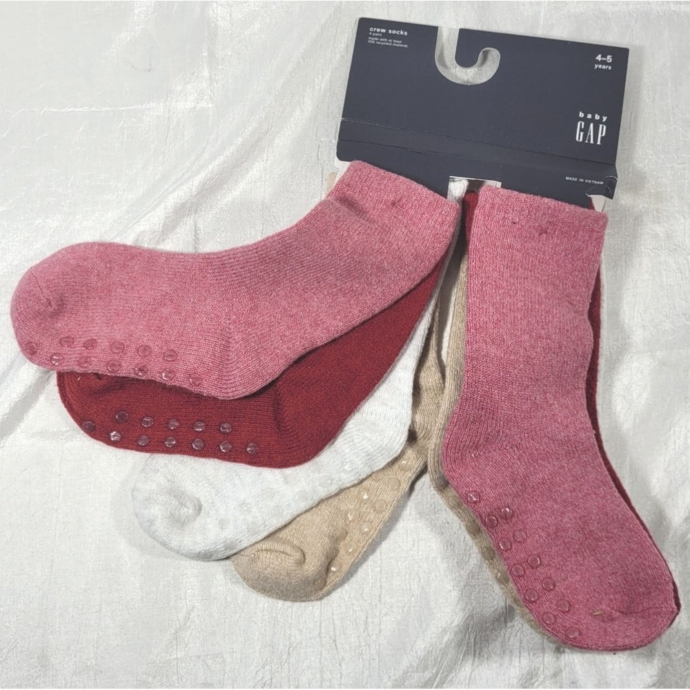 GAP 4 Pairs CashSoft Toddler Grippy Crew Socks - Red, Pink, White, Tan - 4/5Y